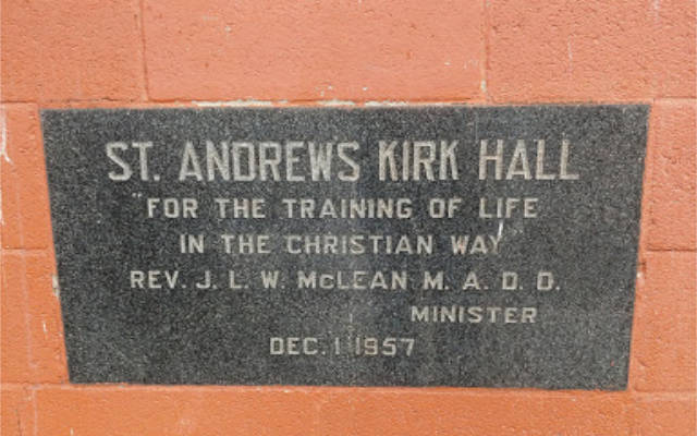Memorial plaque: St Andrew's Kirk Hall